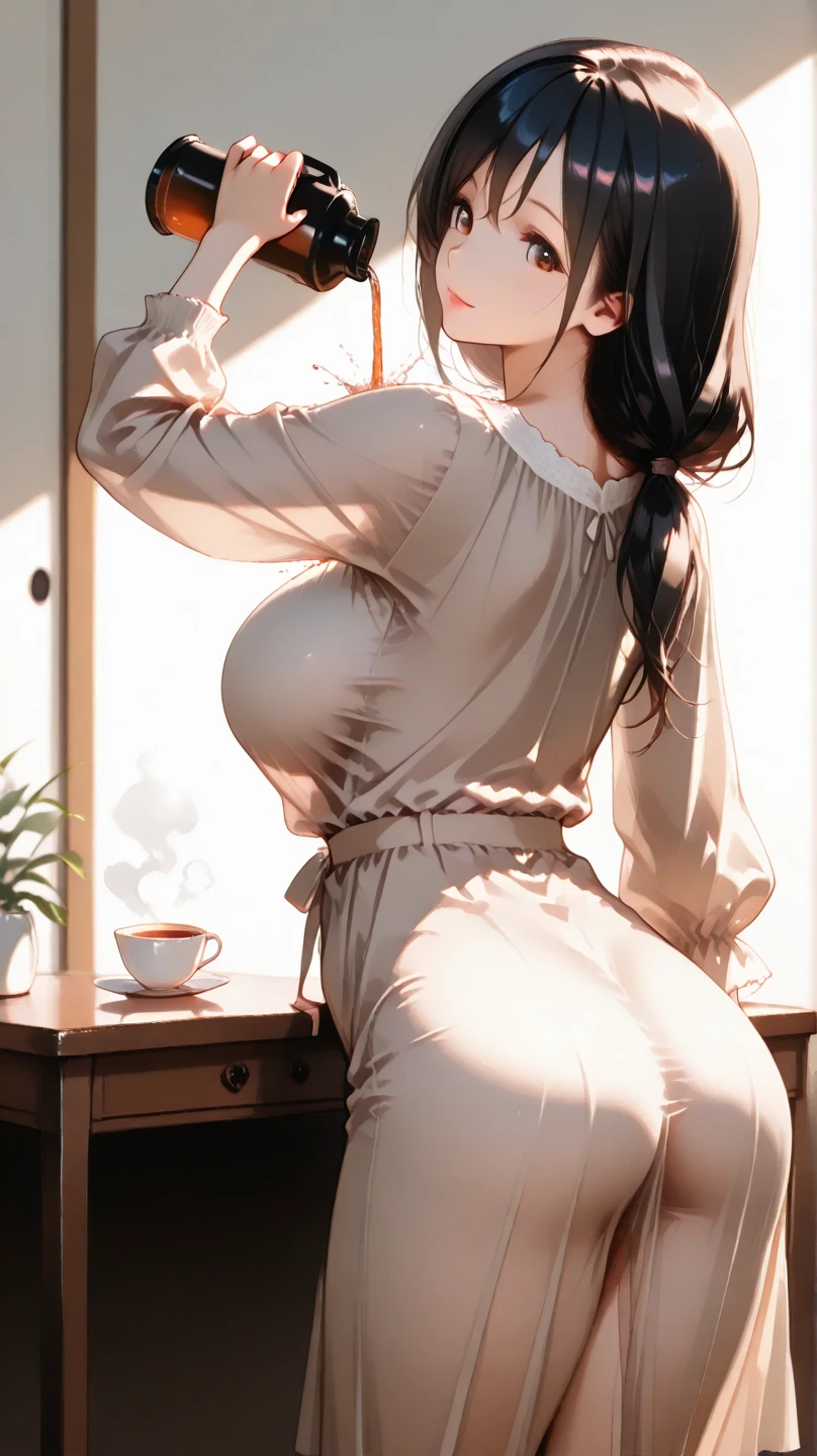 A lady holding cup  and covering her front body by a towel 