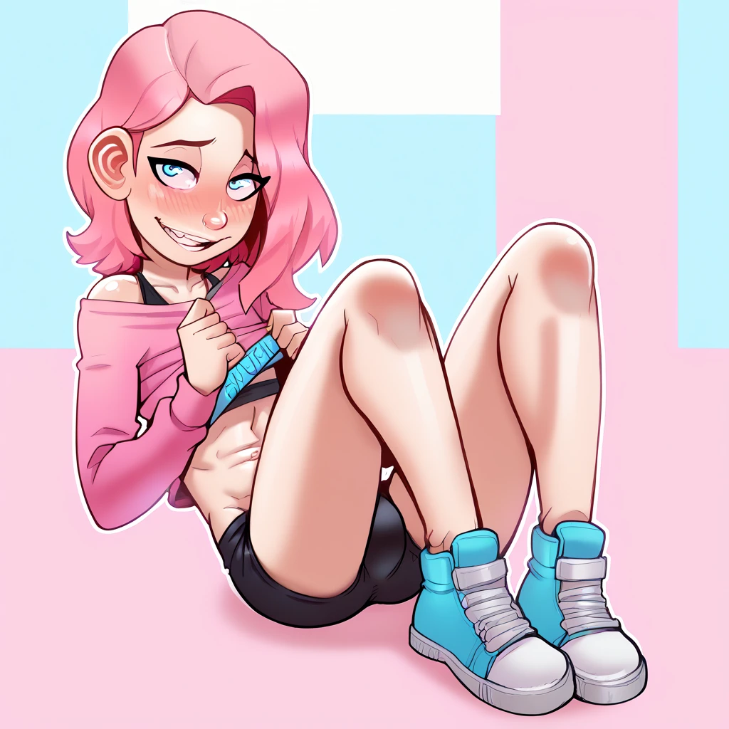 Nintendo girl, rainbow hair, pussy visible through tips in jeans, ripped crotch of jeans, Heavily ripped blue jeans, no shirt, bare breasts, Legs spread apart, labia, vulva, vagina, hands on knees, big ass, full body visible, finger in pussy, vulva stretching to accommodate finger, wide hips, toned body, prostitute, whorish, (detailed fingers), cleavage, ass, areola, nipple, • Bust: Full and prominent, often larger in proportion to the rest of her body.
• Waist: Narrow and well-defined, accentuating the curves of her bust and hips.
• Hips: Wide and rounded, contributing to an hourglass figure.
• Thighs: Full and shapely, complementing her overall curvaceous form.
• Skin: Smooth and often radiant, suggesting a healthy glow.
• Hair: Can vary in style, length, and color, but often appears thick and healthy, adding to her overall allure.
• Face: Features might include high cheekbones, full lips, and expressive eyes, which add to her attractiveness and charm.