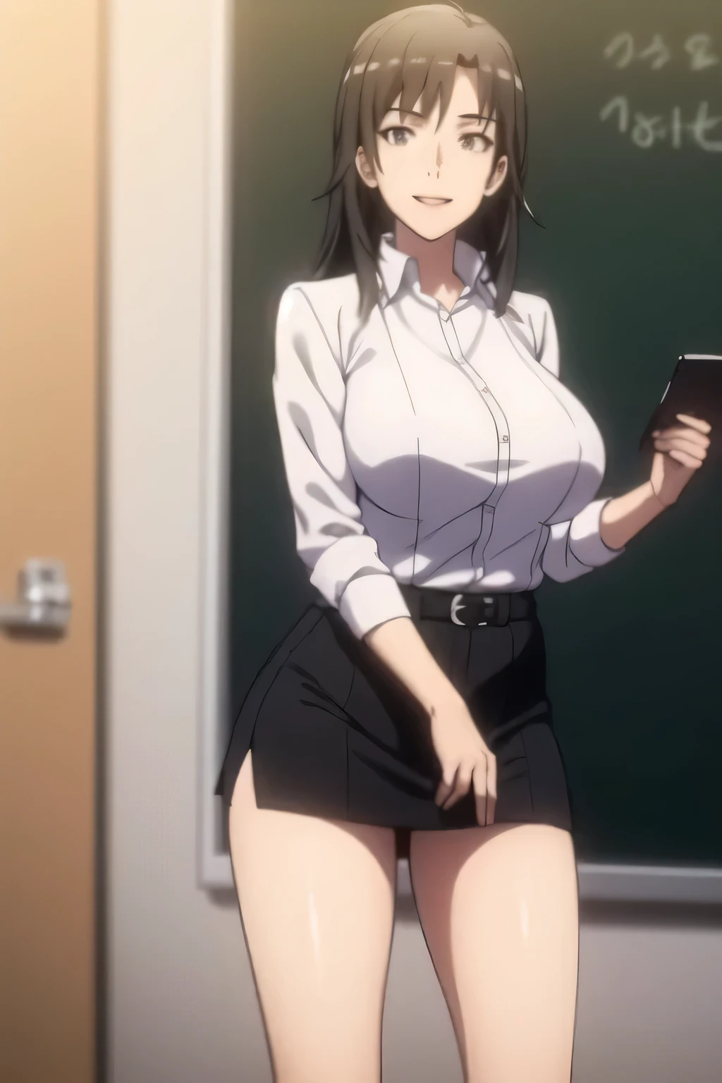Please draw his expression more delicately,please draw a picture of a teacher standing alone in front of a blackboard,Instructor,,white blouse,navy blue miniskirt,,OL ,long black hair,Let's draw a more delicate expression,Smile Yangの素敵な女性,,Don't cut out her face with an accurate expression,Accurate representation of hands and legs,Even if my breasts are big and my waist is thin,Can you draw on big breasts,Can you draw more with huge breasts,micro mini skirt,beautiful legs,Smile Yang,