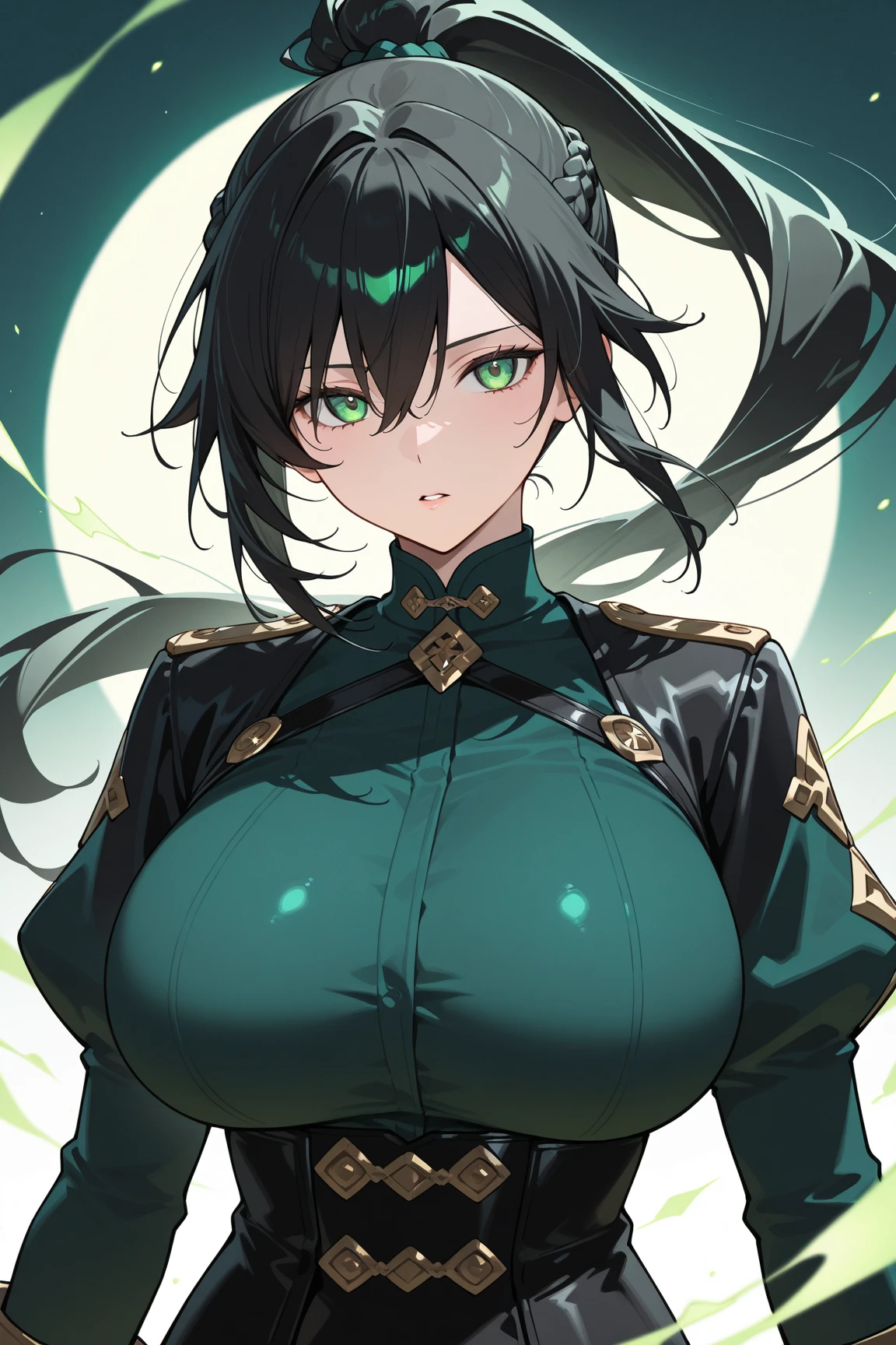 1girl Monarch is a demon slayer she wears a green kimono with a golden dragon on the back her sheate for her katana is black with golden patterns while her katana is green with a black handle her katana also has black on the sharp part she has green eyes and black lipstick she has curly hair 