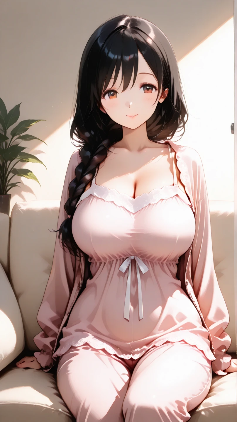 Misako amamiya,perfect , mature women,realistic skin,black hair, long hair, (hair over one eye:1.4), messy hair, hair between eyes,plump, chubby,fat, busty,busty breast,cute motif pajama, cute shy blush on