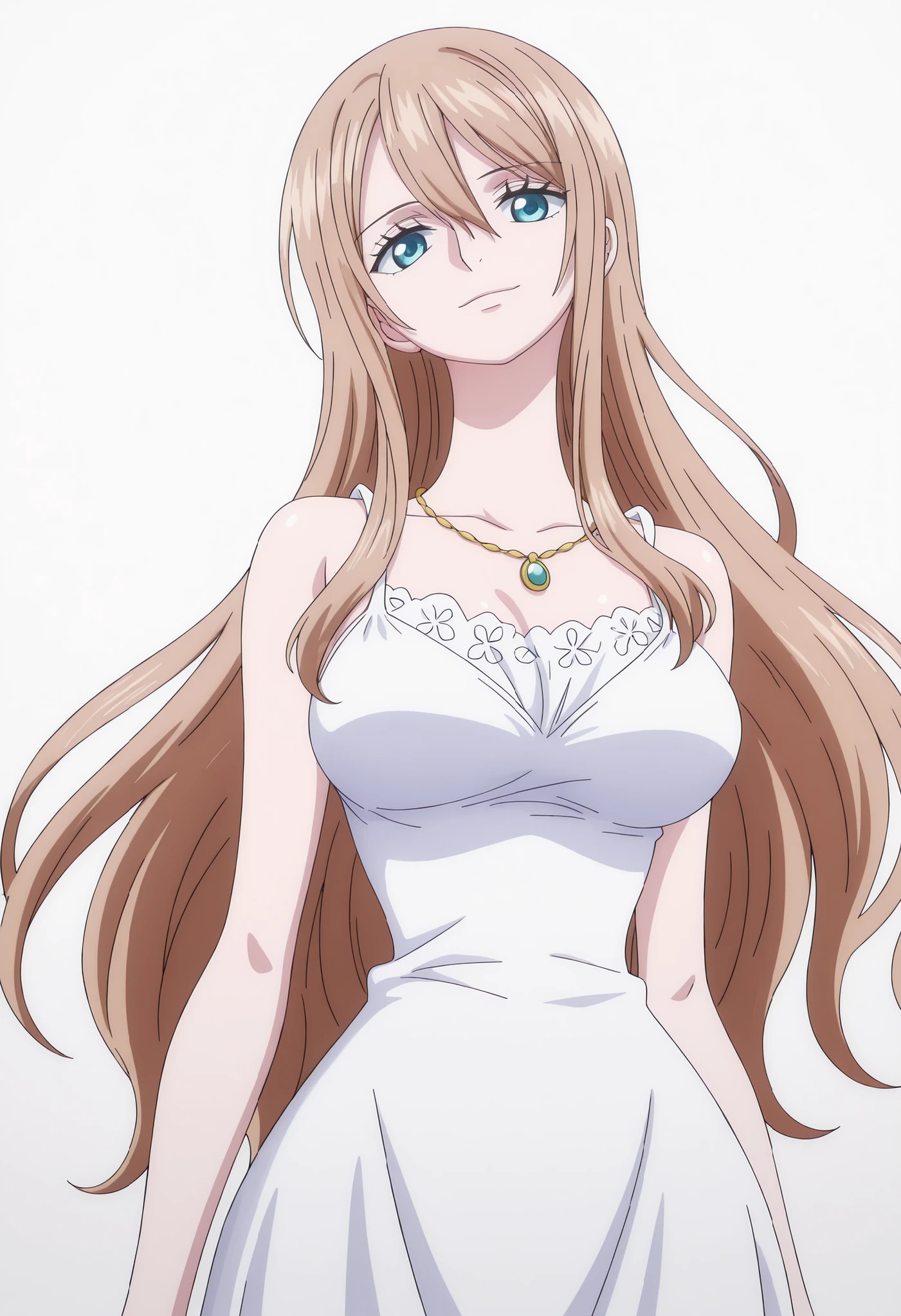 tall girl, 1girl, shiny light, long hair, (bangs), hair between eyes, very light brown hair, pale skin, light blue eyes, shiny eyes, breasts, necklace, white summer dress, narrow waist, ,white background, simple background, anime coloring, anime screencap, masterpiece, best quality, amazing quality, intricate details,(cowboy shot), ,(aged up), light smile, head tilt, very slightly long neck,