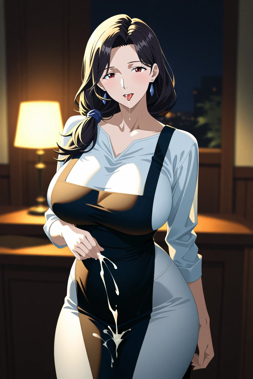 detailed illustration (side view),dynamic angle,ultra-detailed, detailed eyes, detailed face, 1girl, night , nightime, stars, 1940’s wife, tight and strained button up blouse and long skirt, anime eyes, lidded eyes, angry, standing in pool house, domestic goddess, black hair, huge breasts, wholesome yet sexy, motherly, nurturing, MILF, glass sliding door, moonscape outside, dark blue eyes, highly detailed eyes, detailed eyes, bright eyes, long hair, wavy hair, red lips, buttons straining, cleavage too big, gaps between buttons, chest busting out, mad, yelling at camera, pointing at camera, beautiful face, attractive face