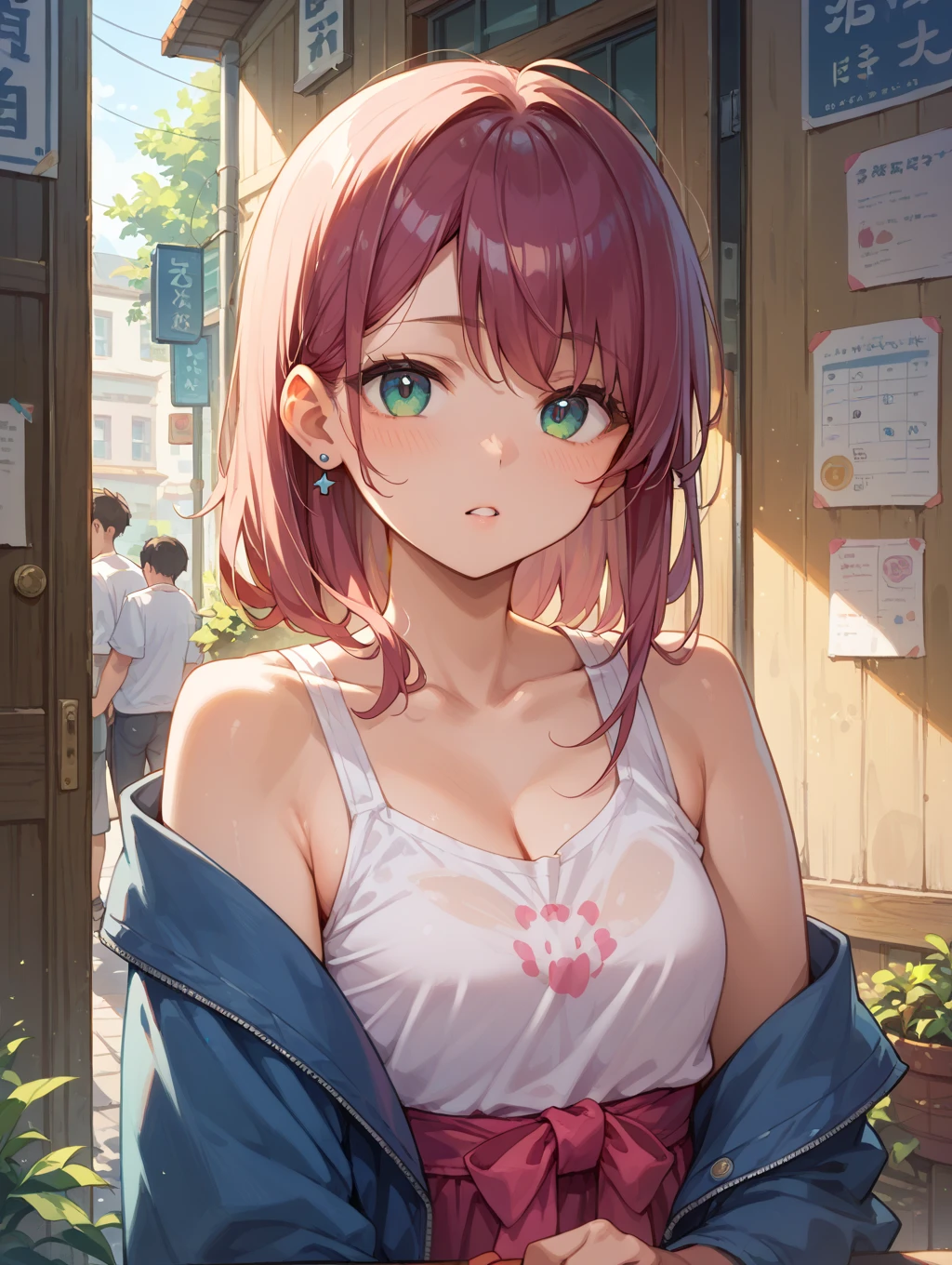 Wearing a light pink bra、A slender woman wearing a dark pink jacket over her。Her pants are denim。Her hairstyle is a ponytail。Her hair color is brown、The eyes are red。Her breasts are exposed through her bra。I am masturbating。