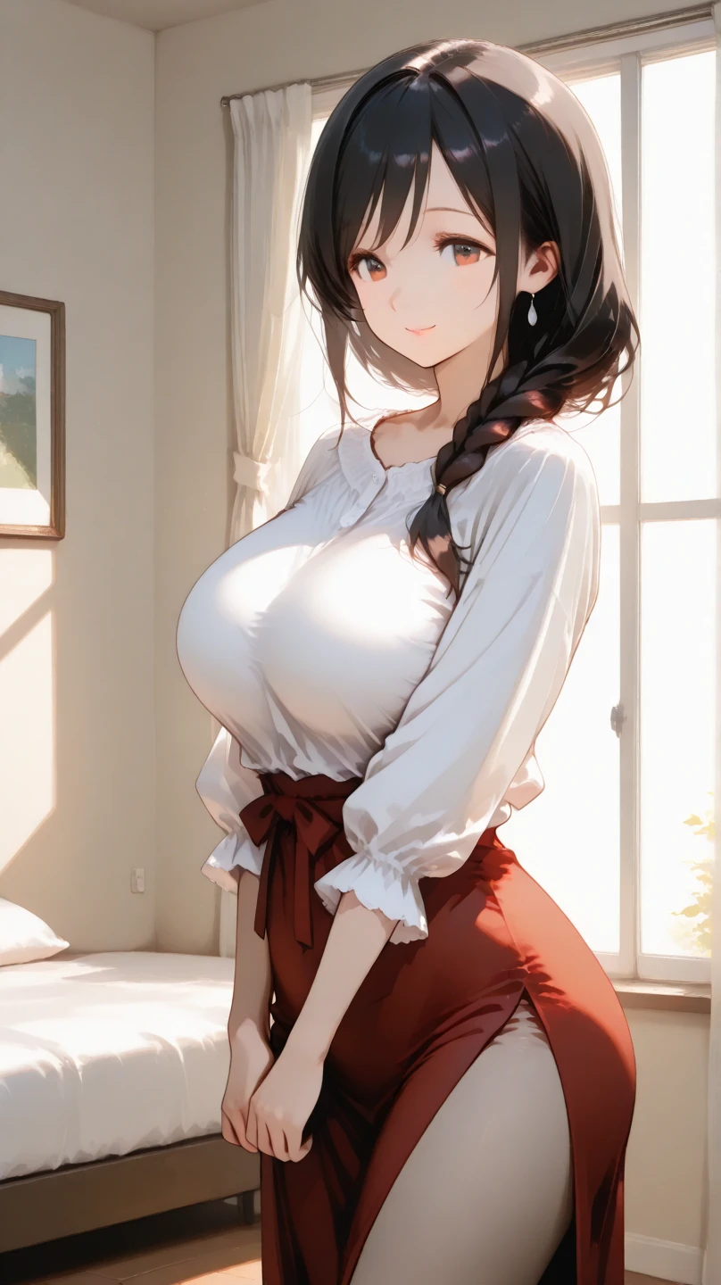 1female，35yo，Huge breasts， 独奏， king arthur，Dressed in red court style clotheeautifullegs ，palaces，  She has long flowing black hair， ，Sateen，Bigchest， From the front side， Wet straight hair， Sweating profusely，mostly cloudy sky，（tmasterpiece），（Very detailed CG unity 8K wallpaper），best qualtiy，cinmatic lighting，detailed back ground，beatiful detailed eyeright pupils，（Very fine and beautiful），（Beautiful and detailed eye description），ultra - detailed，facing at camera，A high resolution，ultra - detailed），Very long hair，standing on your feet，Emotive expressions，Smile，Chest sagging，Camel toes，with no underpanttremely large bosom，Extremely colorful，Most detailed，fully body photo，The face is well lit