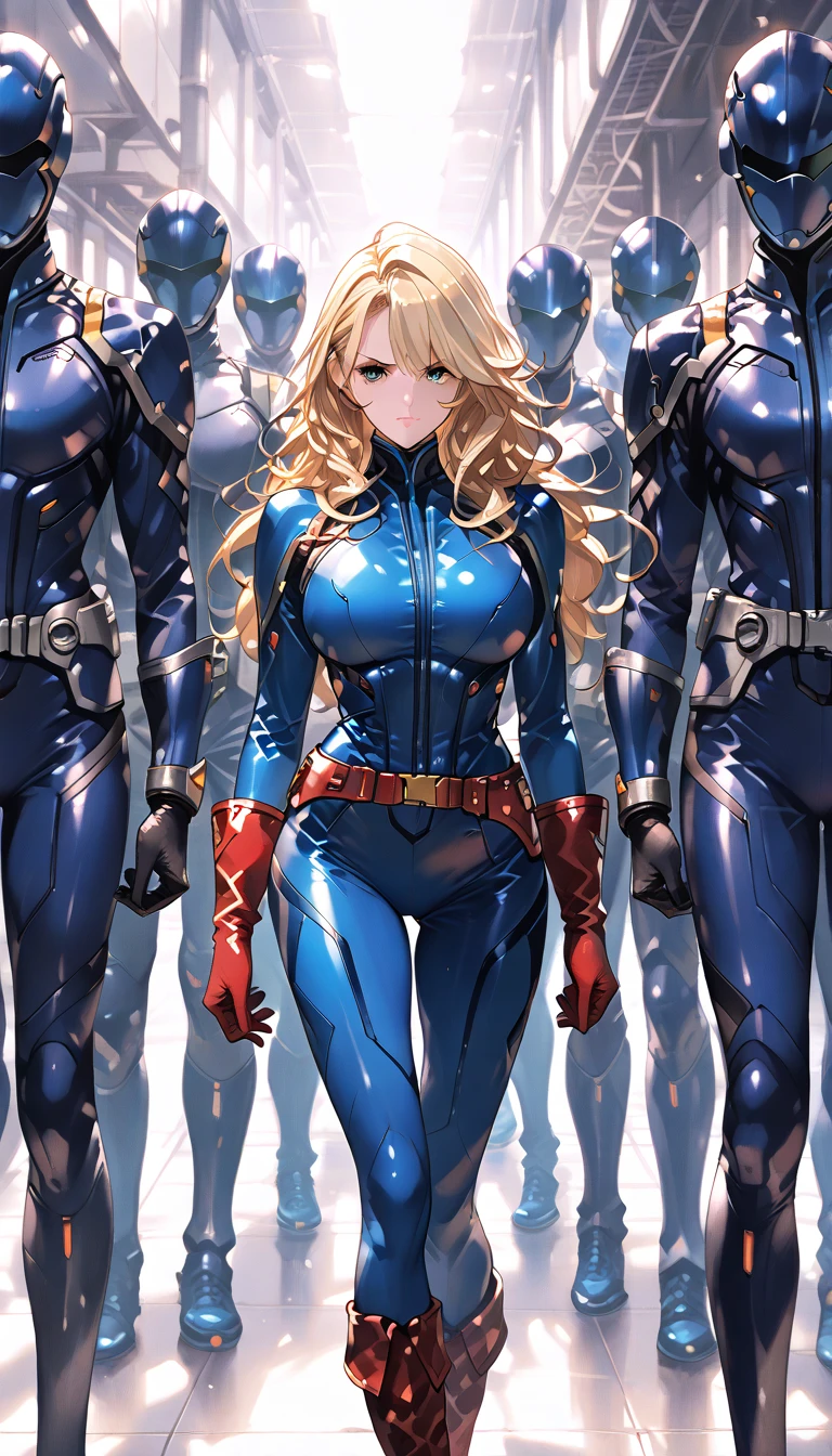 Masterpiece, Best Quality, Highly detailed, illustration, absurdres, street fighter, doll suit, shadaloo doll, nazi saluting, military, military saluting, salute, 1girl, solo, expressionless, blank eyes, looking at viewer, red gloves, emotionless, black latex, corrution, zofa suit, zofa soldier, mind control, female combatant, full body, hypnotized, standing, standing at attention, unhappy trance, full body suit, leotard, perfect female body, Princess principal, Charlotte, Princess Charlotte, blonde hair, blue eyes