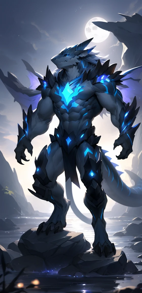 Void Demon, huge torso,shark ，Crystal wings，Blue purple stripes，huge biceps, night, Sensual, huge muscles, Titanic abs, standing on rock, detailed, Upload to e621, beautiful and detailed portrait ((male))), ((alone)), minus, Rostran, ruan jia, Boniface, Upload to e621, Zaush, Fossv, , Dajiao, movie lighting, Long tail, permanent, moonlight, spread legs, long hair，Loincloth，blue stripes，sharp claws，Cute meat pads，black eyes