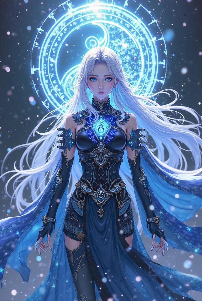 A regal, mystical warrior woman stands proudly, her majestic silver hair cascading down her back like a river of moonlight, framing her elegant face and prominent cheekbones, with glistening green eyes that shimmer like emeralds in the sunlight, piercing through the darkness. Her smooth, porcelain skin has a subtle, golden undertone, hinting at her otherworldly heritage. Clad in dark, supple black leather armor, she exudes an aura of quiet confidence and unyielding power. In one hand, she grasps a glowing, iridescent orb that pulsates with soft, ethereal light, while the other hand firmly holds a magnificent, glistening silver long sword with an ornate, curved hilt, its blade etched with mysterious runes that seem to whisper secrets to the wind.