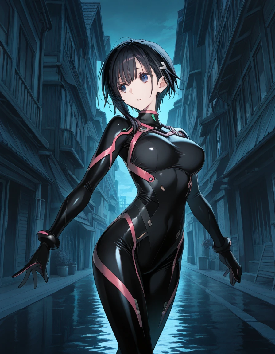 masterpiece, highest quality, High resolution, saw 2, alone, blue eyes, black hair, bangs, medium breasts, cowboy shot, frown,embarrassed face, 1 girl, alone, oyster body suit, thin bodysuit, put your hands on your hips, looking at the viewer, city, night, standing on the edge of the roof, urban