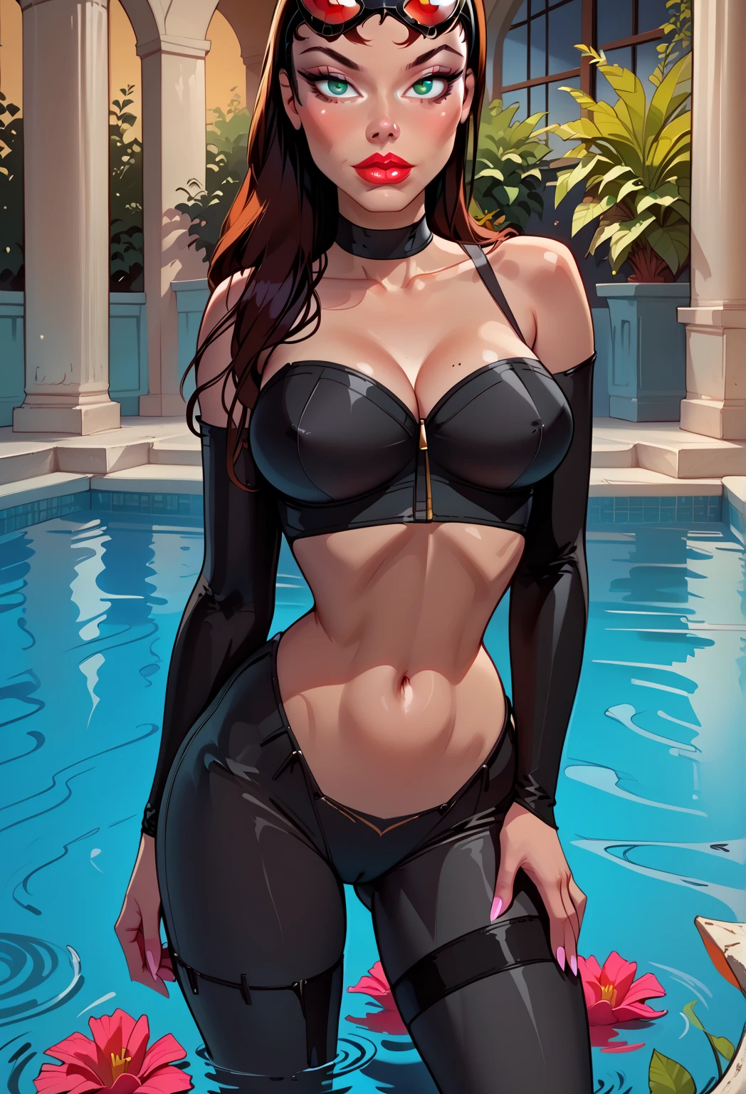 Hot sexy beautiful milf mom sitting on bridge ,slender body, detailed lips rings ,black  hair,black eyes,white sun glasses on head, detailed , big  hoops earrings , alluring face, smiling, necklace , red lipstick ,two hair ponytail ,latex black open jacket, latex black pant, cleavage,heels,braless