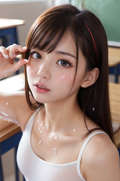 Focus on the face、((close your eyes))、((15-year-old high school girl))、((highest quality, 8k, masterpiece:1.3, 1 girl, beautiful girl)), High resolution, cute, dynamism, Detailed face, Detailed skin, fine grain, Detailed lips, Realistic, RAW Photos, Natural light, Perfect Anatomy, Dynamic pose, ((Round big ass)), Toned Legs, double eyelid, Tear bags, Round eyes, Moist lips, Mouth Details, Detailed tongue, Japanese Girls, Black Hair, bangs, (Navy one-piece school swimsuit), In the classroom, indoor, Detailed clothing, Sweaty, Wet clothes, Wet Hair, smile,(( cuteヘアスタイル))