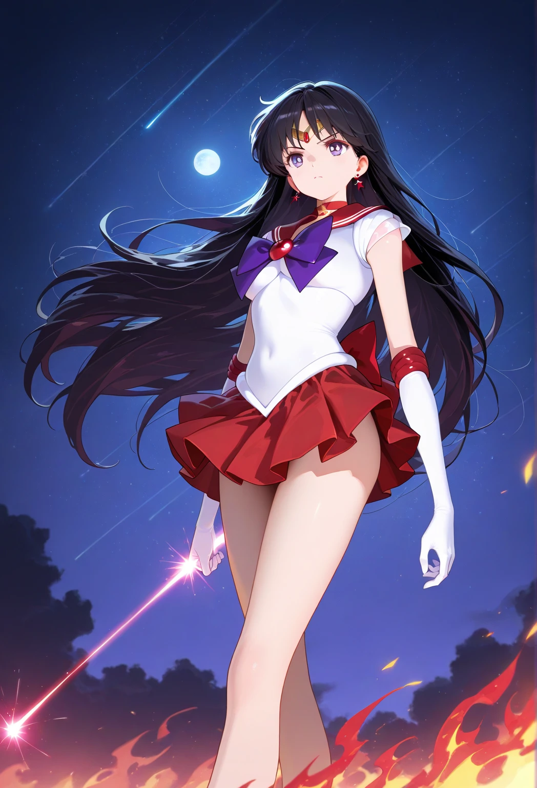 masterpiece, best quality, 1girl,solo, ReiHino, (sailor mars, neck ribbon, 10 years old, (flat chest), long hair, circlet, jewelry, crescent earrings), looking through legs, full body,