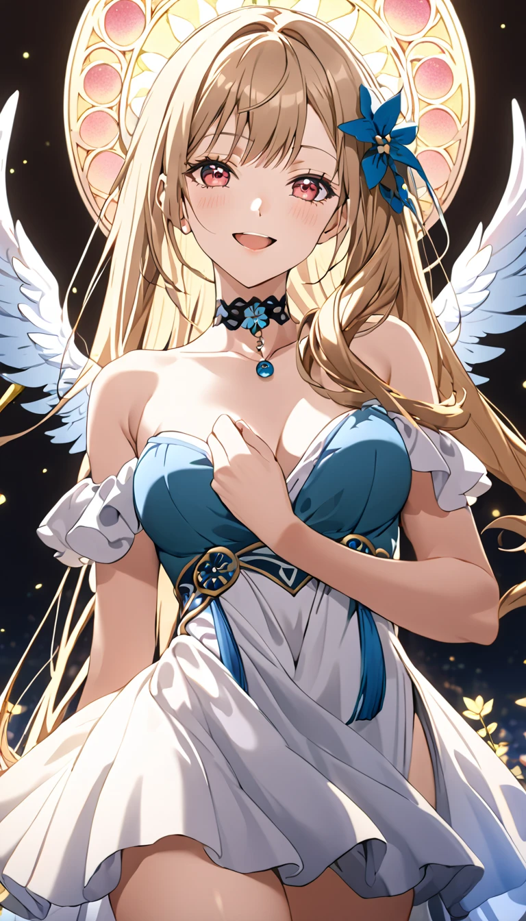 masterpiece, Highest quality, Very detailed, High resolution, Japanese anime,One person, Blonde, (Medium length hair:1.5), dragon wings, (Red eyes:1.5), (Beautiful attention to detail:1.4), smile, Height: 130cm, (Large Breasts:1.1), (Dragon Horn:1.5), original character, Fantasy, (Black background:1.1), (whole body:1.8), Beautiful fingers, Are standing, (Blue White Gold Lace Ruffle Dress:1.5), Shoot from the front, View your viewers
