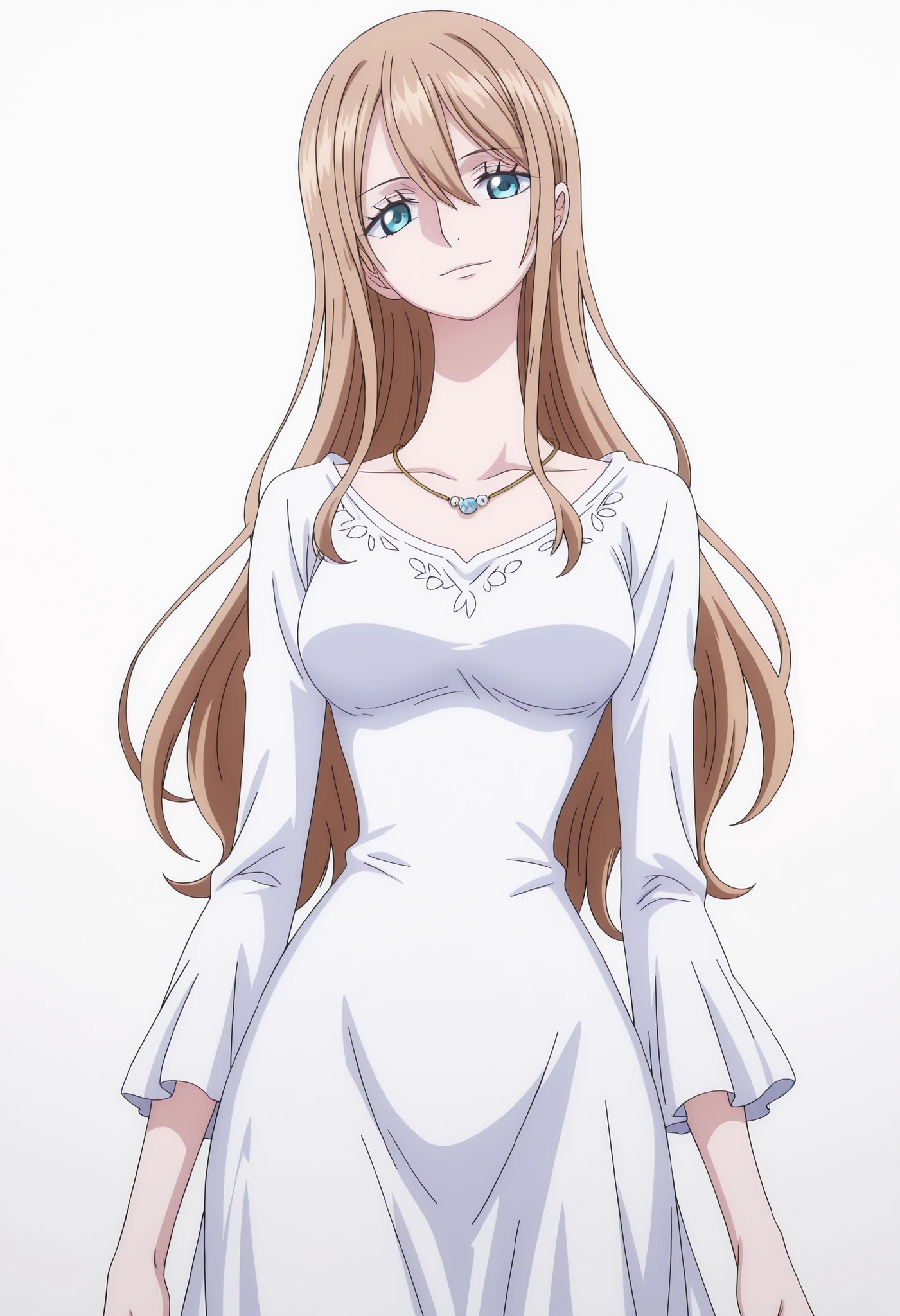 tall girl, 1girl, shiny light, long hair, (bangs), hair between eyes, very light brown hair, pale skin, light blue eyes, shiny eyes, small breasts, necklace, white summer dress, narrow waist, long sleeve ,white background, simple background, anime coloring, anime screencap, masterpiece, best quality, amazing quality, intricate details,(cowboy shot), ,(aged up:1.5), light smile, head tilt, very slightly long neck,