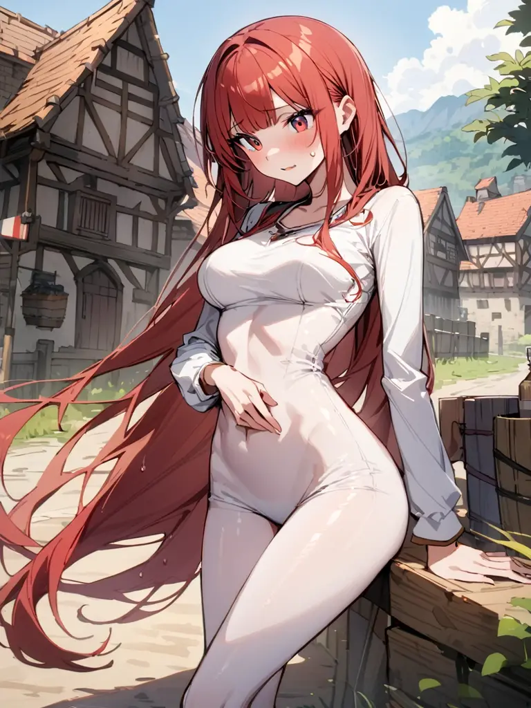 ((masterpiece,Highest quality:1.3)),cowboy shot,1woman,30 year old beauty,solo,((very small head:1.3)),red hair,long hair,low ponytail,blunt bangs,red eyes,gorgeous eyes,shy,tears,medium breasts,((very long body:1.2)),((toned body,slender body,skinny)),gleaming skin,shiny skin,sweat:1.3,naked,topless,nipples,navel、vagina,(incontinence、peeing),Leather knee-high boots)、squatting,Spartan hut、Spartan bed、Medieval European cityscape、city、