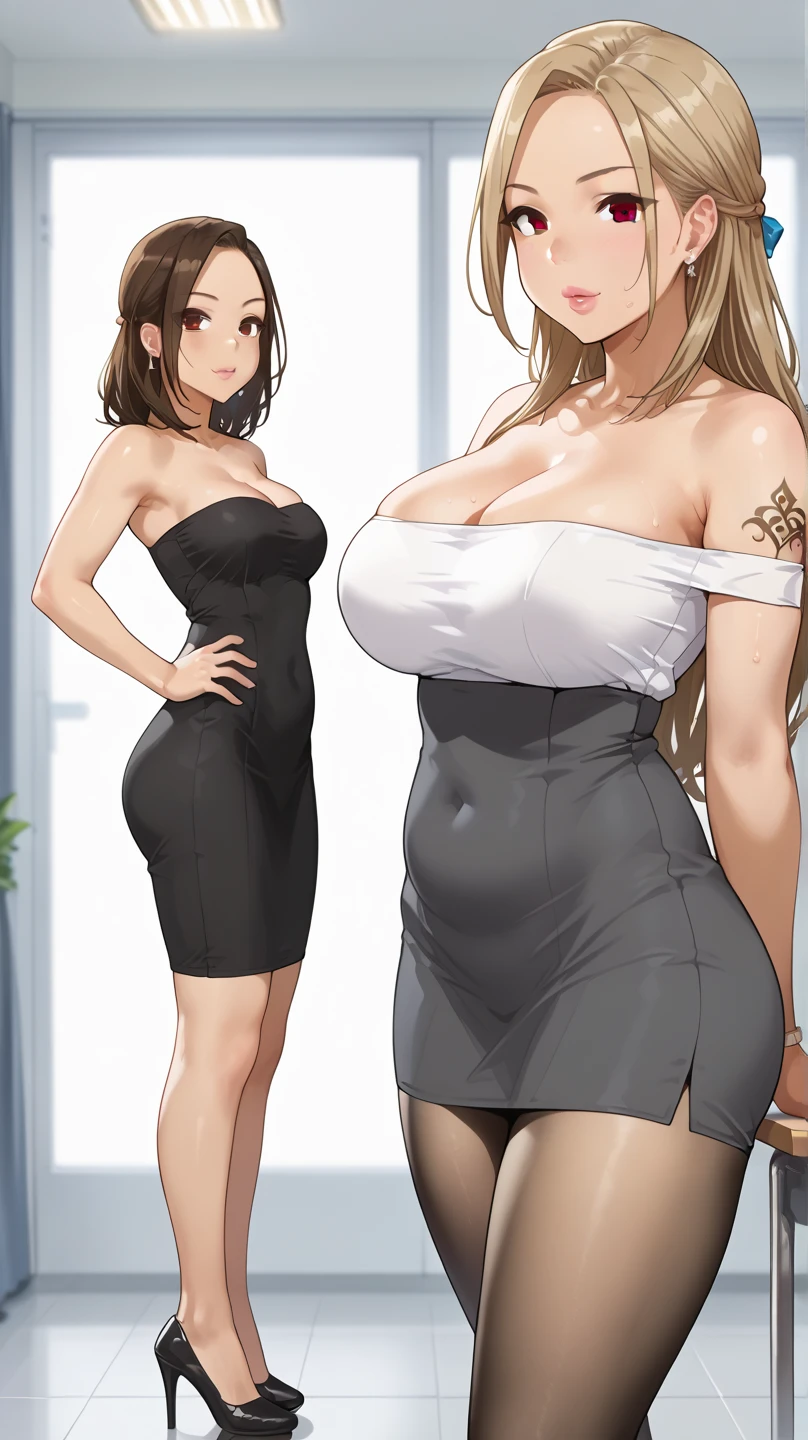 best quality, (masterpiece),(ultra-detailed), (high quality), (high resolution), ((2heads:1.5)), best quality:1.5, highres, UHD, 16K), two headed woman, smiling, highres, masterpiece, ((brown hair:1.5)),cleavage, ((silver gray dress:1.5)), lustrous and smooth skin, huge breasts, (mature woman), seductive silhouette, ((slim hips)), casual dress, sexy proportions, Beautiful girl with accentuated slender abs, long legs, seductive woman, party background, necklace, body con dress, strapless, sleeveless, red eyes, green eyes, long hair