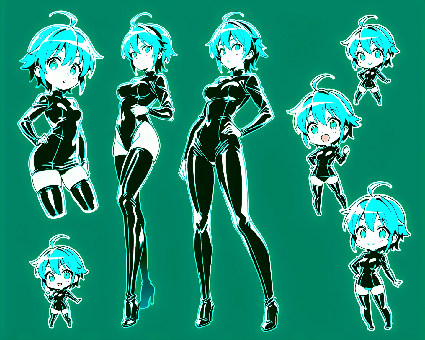 A teenage girl with short orange hair in a bob style cut, a thin face with big green eyes, small lips and an upturned nose, and freckles on her cheeks.
With a tall, slim and elegant body with small breasts and wide hips and very waisted with long legs and fat thighs
Dressed in transparent blue erotic Latex lingerie with cat face print
(((character sheet))) ((various views)) ((front and back) (Face detail) (full body)