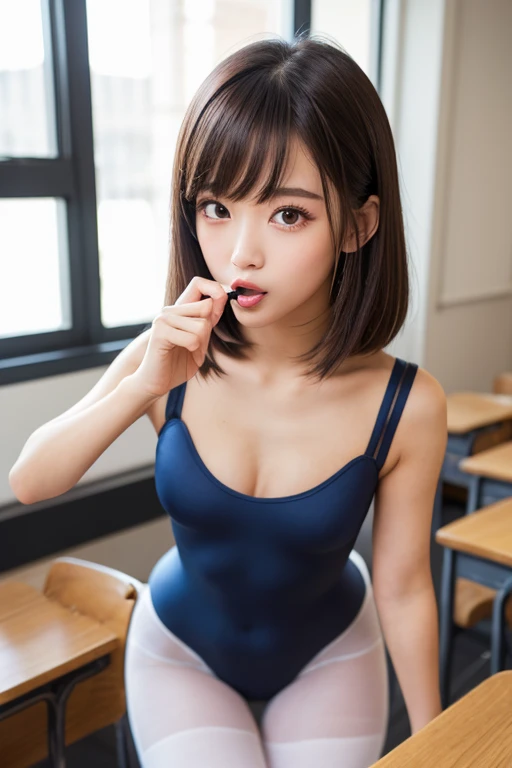 (masterpiece:1.2), Very detailed, Ultra-high resolution, (Realistic, photo Realistic:1.37), High-resolution RAW color photos, Professional photos, Dramatic lighting, 映画のFunctionalなシーン、Sharp focus:1.2, (Very detailed顔と肌の質感, Very beautiful eyes, Glossのある肌, Glowing Skin, Glowing Skin, Shining Face, Gloss, Oily skin, greasy face, Oily skin, greasy face, 強いGloss), Perfect Anatomy, Very detailed背景, 1 female, 25-year-old woman, Japanese women,Height: 168cm, (Short Bob Hair, Straight hair, bangs:1.3, Brown Hair), (Lean：Weight 1.0), (Flat Chest:1.7), (((dim:1.4)),(((Office room at night))), Thighs, Small Ass:1.5,((((Hands on your desk、Leaning forward、Stick your ass out))))、(Erotic), ((Functional)), ((Glowing Skin))、 (((Dark navy one-piece swimsuit、Japanese School Swimsuit))), ((Start taking off your swimsuit)),(real Glossのある肌 texture), (Glowing Skin), (((White skin))),(((Browsing Caution))),Earrings,((((Open your mouth、Squint your eyes))))、((((Panting))))
