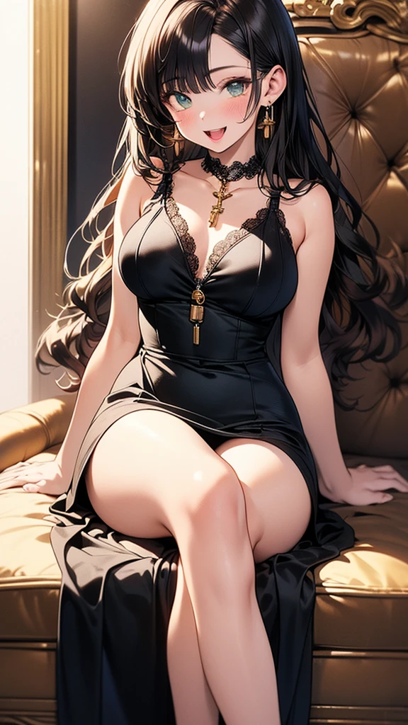 Realistic, a glamour shot of a smiling waifu (extremely long wavy hair), cupping (squeezing) her breast, big ass, Sitting demurely with her legs crossed on her bed, leaning toward the viewer, cowgirl pose, with Smokey eyeshadow and knowing smile, heavy eyeshadow and mascara, wearing an evening dress, underboob, side boob, insanely detailed face and eyes, intricate, hyper-detailed bedroom, a romantic evening, digital illustration, masterpiece, beautiful eyes, atmospheric lighting, centered, perfect anatomy, glowing eyes, candid portrait, clear, very detailed, smooth, sharp focus, focused on the viewer