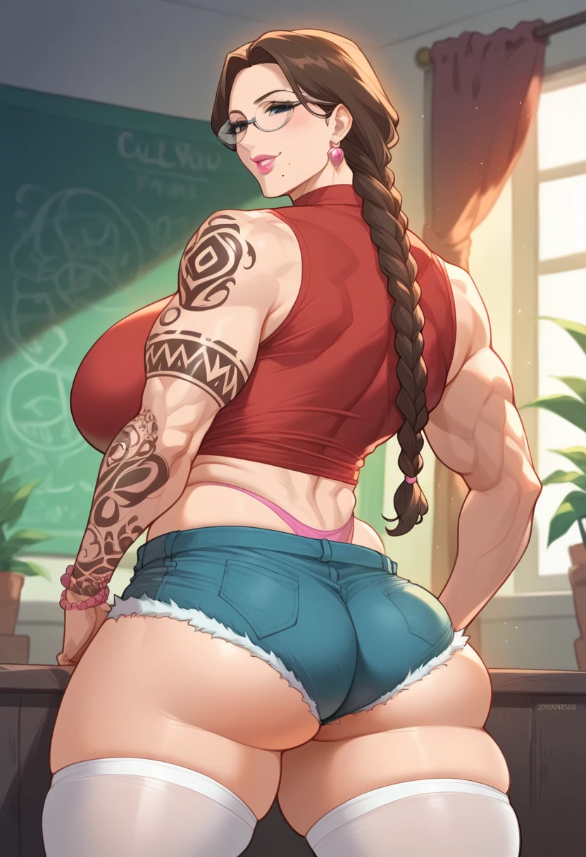 Muscular,women,female,top hat,brown hair,yellow eyes,jeans,red bra,belt,Glasses,smile ,solo, bigbreasts,sexy,(Hypermuscle:1.1),bent over ,but slit,looking back