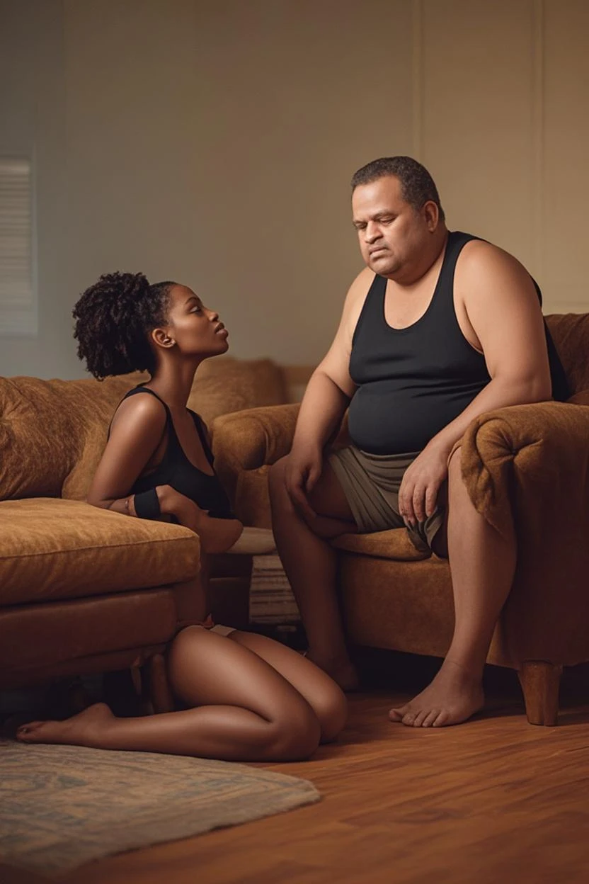 a photograph from a movie of a thin and very beautiful 20 year old black woman, sitting in a bedroom, comforting a crying fat man, backlight photography, colorism, 64K, high detail