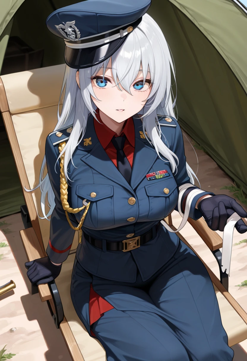 quality\(8k,Extremely detailed CG unit wallpaper, masterpiece,high resolution,top-quality,top-quality real texture skin,Surrealism,提high resolution,RAW photos,Best quality,Very detailed,,light,Ray Tracing,Golden Ratio\),White-haired girl,Smile,Pupil constriction,Madness's smile,black,Black Silk,uniform,Contempt,Military cap,Military dress,black socks,Sitting,Crossing your legs,Arrogant smile,Laughing,Madness,Contempt