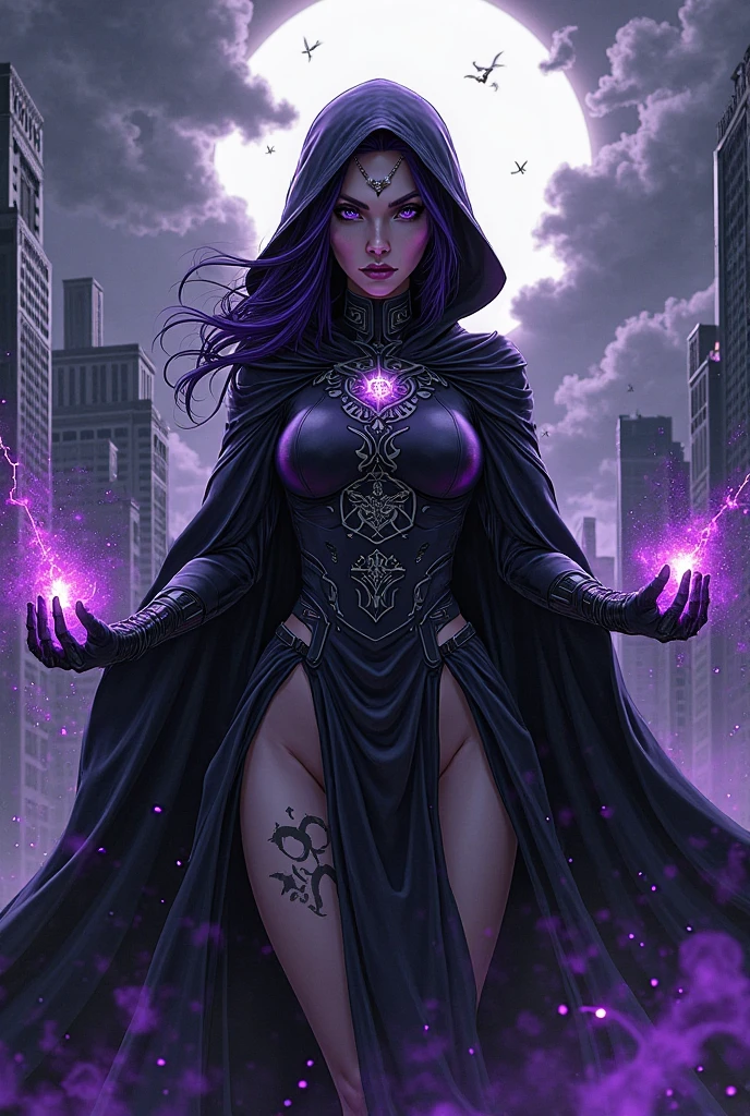 Lisa Ann: The evil nun, Demon horn, Demon wings on the head , sexy robe de nonne, His hands preparing a sphere of purple energy, diabolique, insidieux, His powerful magic hits the buildings of a city , Context of the Satanic Church, detailled eyes, detailed hands
