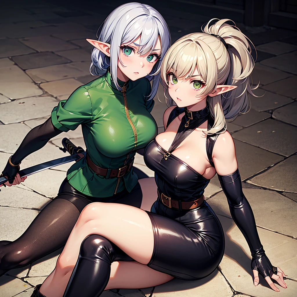 elf woman, silver hair, short hair, hair with ponytail and pink elastic. Green and white medieval clothing, black shirt, leather pants and long boots. Gold earrings on both ears. Yandere face and macabre smile.