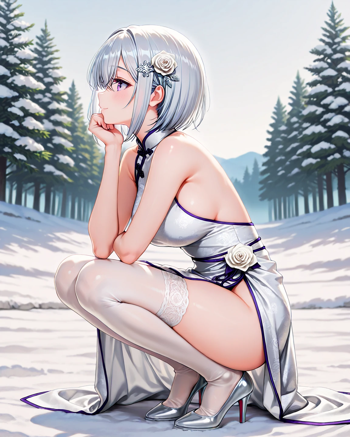 super high quality, girl, 20-year-old, とてもshort hair, long bangs between the eyes, pale blue eyes,, very detailed,(masterpiece、highest quality)、alone、gray hair、laughter、White skin as clear as snow, silver hair, black eye, beautiful eyes, Miko costume,shrine、short hair,blue sky , sunlight,