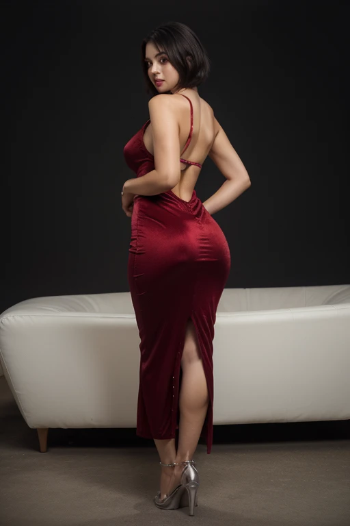HD wallpaper 32k cinematic shoot of a Beautiful cute Rashmika Mandanna, with thick thighs and a curvy waist, wearing a Red Carpet Dress, ((smiling)), ((open neckline)), ((boobs)), ((full body view)), ((feet)), ((side view)), ((double thick thighs)), ((tattoos on her body)), ((in a pub)), ((in a bar))