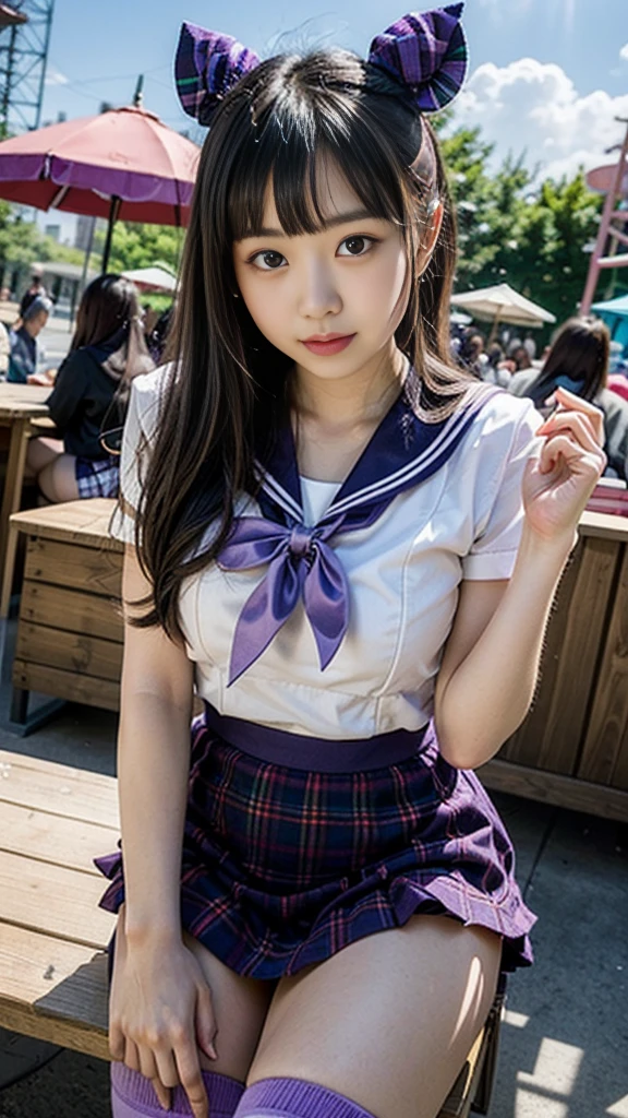 (photorealistic:1.4), best quality, masterpiece, raw 32k photo, (extremely detailed japanese beautiful girl), (extremely detailed eyes:1.2),(baby face), (lolita),(14 years old),(cute face:1.2), ultra-detailed, ultra high res, amazing, BREAK,sitting,
(school uniform:1.5),detailed school girl, (disneyland:1.4), beautiful detailed girl, bangs, cute face, miniskirt,baggysocks