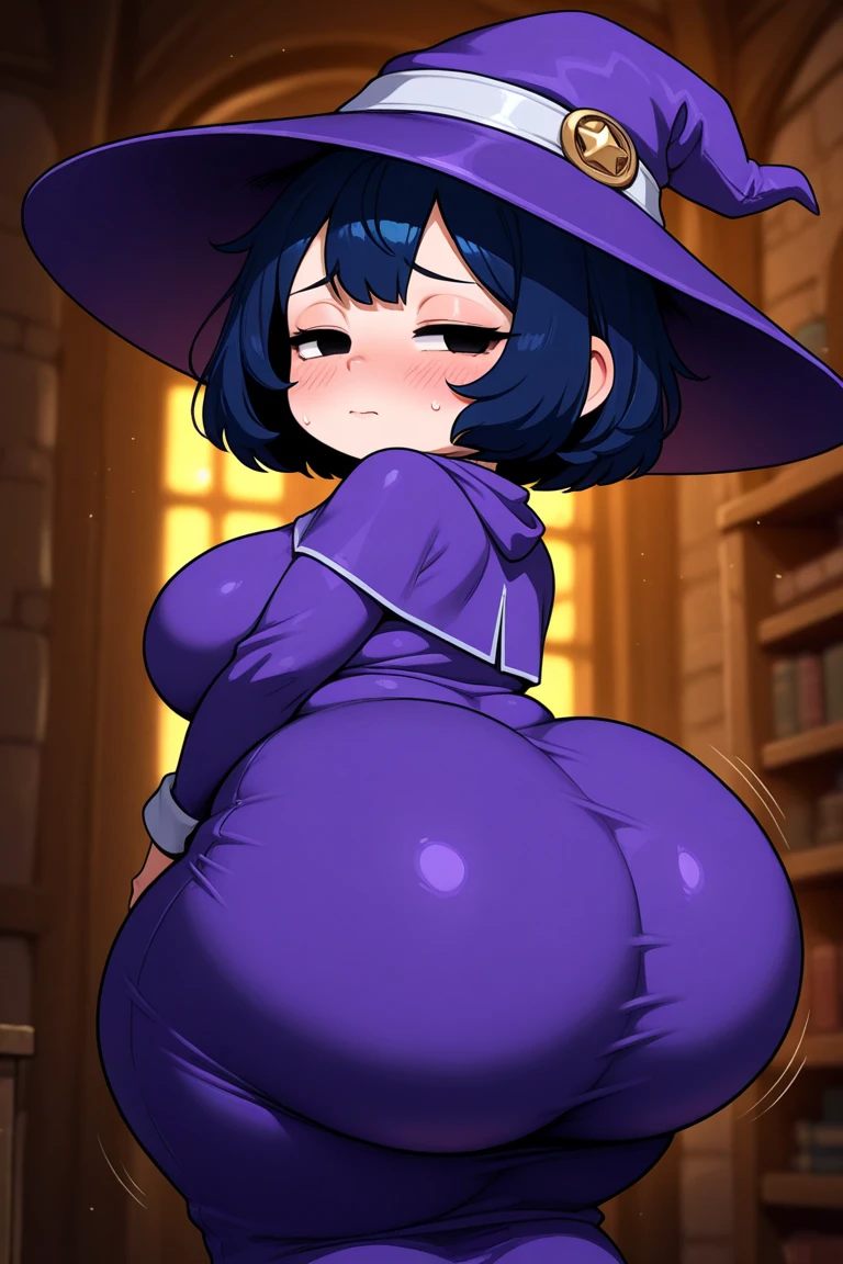 depth of field, perfect lighting, light particles, female, human, human face, (sexy, embarrassed) solo, outdoors, (butt facing viewer), ((witch)), (((farting))), macro, dark purple hair