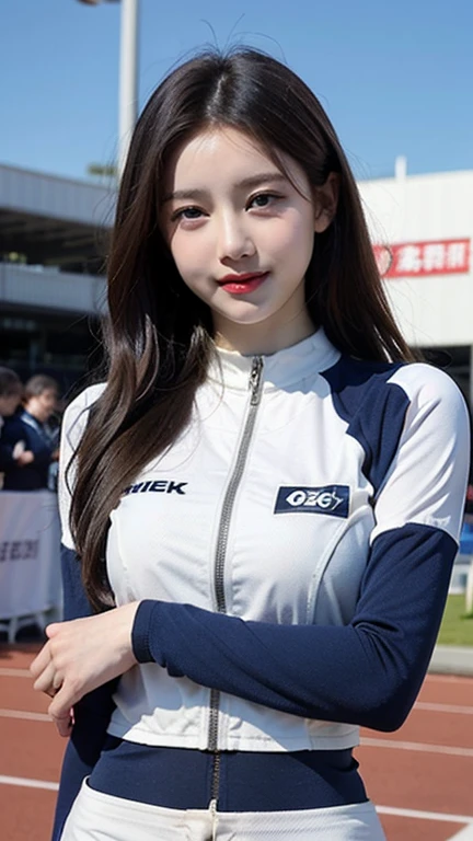 (top-quality、8k、​masterpiece:1.3)、Beautiful Women in Perfect Figure:1.4、Light brown hair、Spanning Harley-Davidson、full bodyesbian、I'm wearing a cool rider suit、de pele branca、By the river、extremely detailed face and skin、A detailed eye、二重まぶた、huge tit、a smile