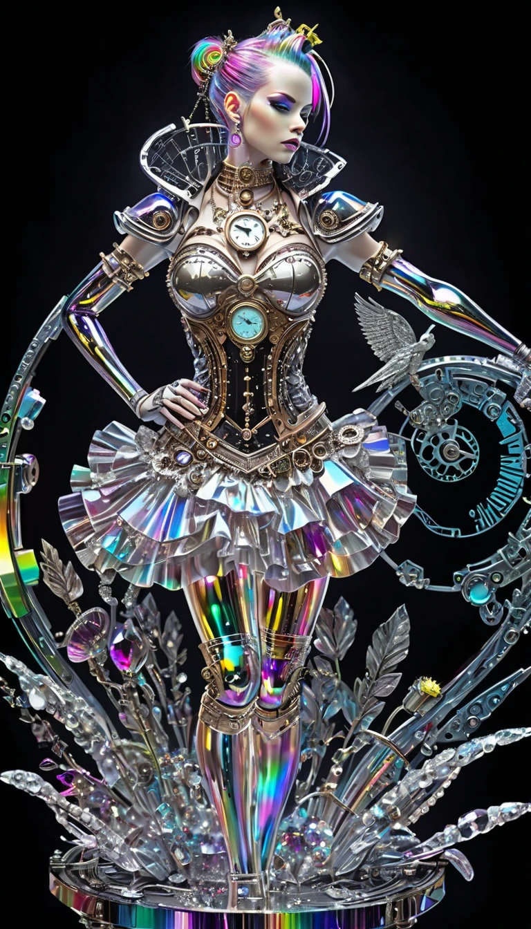 RICK AND mORTY'S, Rick, is watching a fashion show in a world of clockwork people. Cute clockwork woman (age 25, high heels, sexy dress, semi transparent skin showing her gears)