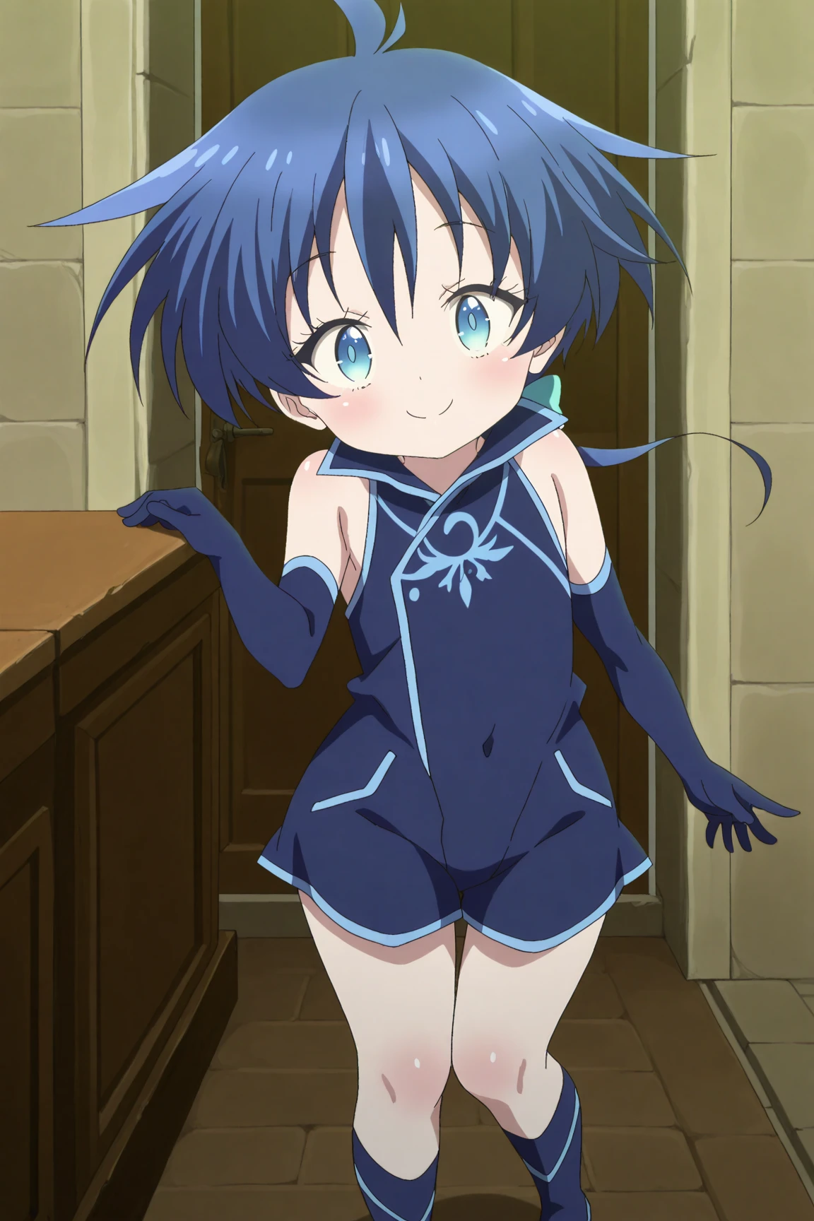 Anime Boys、solo、masterpiece、highest quality、High resolution、(((leotard)))、Sayaka Miki as a boy、Blue Eyes、They say、Blue Hair、short hair、Bobcut、The shoulders of the leotard are tank tops、The leotard has a high-cut waist、((Basic blue leotard))、slim、((White Pantyhose))、looking at viewer、Cowboy Shot、Male focus、blush、 smile、:d、Open your mouth、Indoors、window、handsome atmosphere、masculine atmosphere、(male body:1.3)、leotard and pantyhose only、
