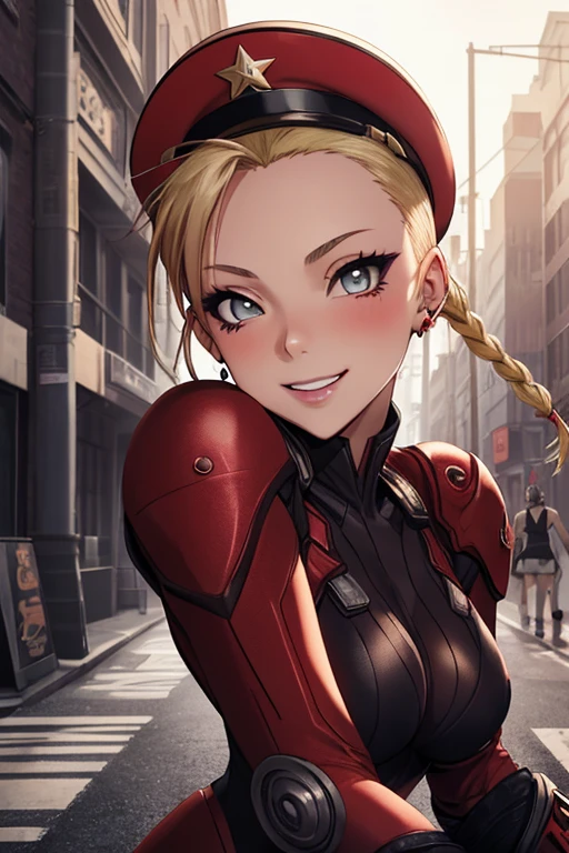 masterpiece , best quality, highres , sarah Miller ,12 years old , 1girl, (Cammy branco ) , blonde hair ,smug smile , red beret, (Red Head Outfit:1.3), blue eyes, scar on cheek, green leotard, flat chest , sleeveless, red gloves, ultra detailed , Standing,