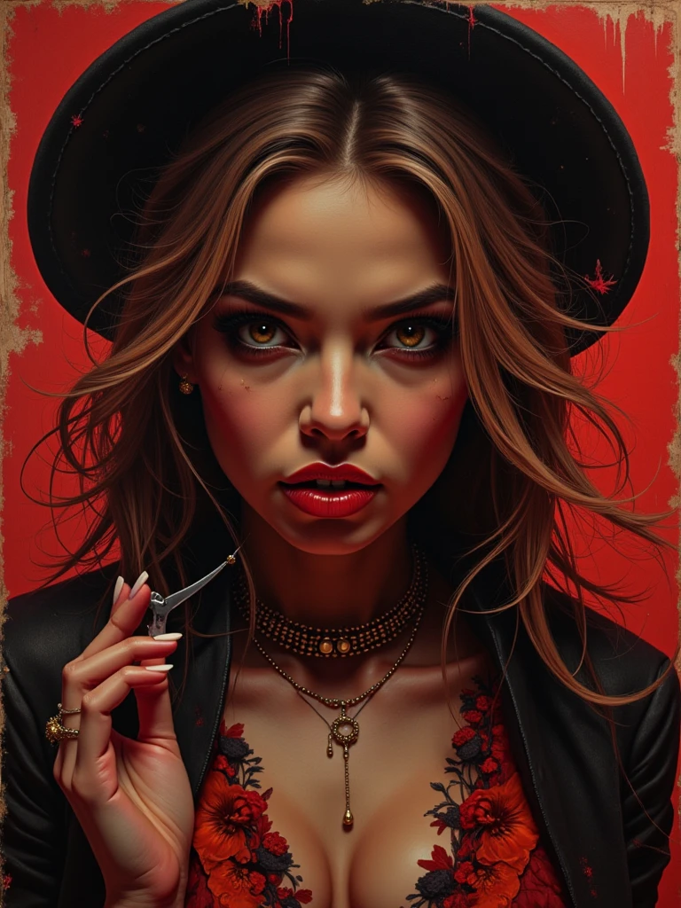Naughty Maria, the razor of Calunga, wearing a white hat with a red and black checkered ribbon and smoking a cigarette