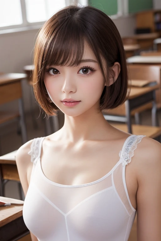 Highest quality, Face Focus, Soft Light, Ultra-high resolution, (Realistic:1.4), RAW Photos, 1 Japanese girl, alone, cute, (A shy smile:0.5), (Brown eyes, Light in your eyes), Beautiful face in every detail, (Small box),(High resolution detail of human skin texture), (Short Bob Hair) break, In the classroom,naked