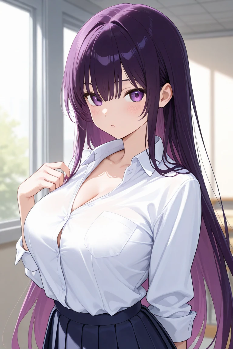 (large breasts:1.5),shiny,hair,((solo)),((masterpiece)),((best quality)),perfect anatomy,slim waist,perfect image,8k UHD,(beautiful detailed eyes:1.5),extremely detailed face,standing,(upper body:1.1),(look at the front:1.1),arms behindback,ultra-detailed,absurdres,highres,(shiny hair),classroom,Purple hair,bangs,teacher,semi-long hair,((sensitive smile)),white shirt,skirt,