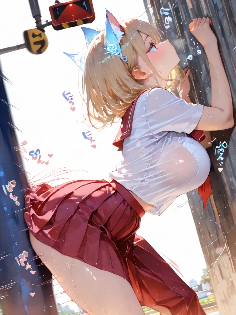young Girl, ((((pastel colored striped hip full covered seamless rimless panties)))), presented hip shirring panties showing panties, teasing panties, bottom-back view, climbing stairs, blonde twin-tails, looking back, panty shot, low angle, up one legs, crotch seam, up skirt, [[small breasts:0.8]], back shot, look back, happy light smile, sweaty, sweaty body, sweaty skin, oily wet skin, framed body lines, ((closeup buttocks, back shot, look back)), Wrinkles in clothes, full body, Wearing sweat, Body lines stand out, japanese girl, (petit, being stumpy, short legs, short arms), slide