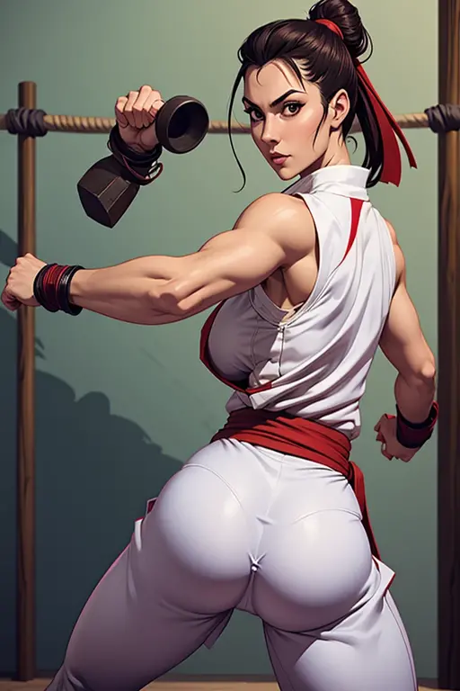 (masterpiece), best quality, expressive eyes, perfect face(masterpiece), best quality, expressive eyes, perfect face, Female warrior, short black hair, scar on left eye, bronze skin, red lips, amber eyes, muscular, wide hips, large breasts, holding a sword, red cape torn shoulder, arm sleeves, belt on legs, steel plate boots, steel plate gauntlets, chocker, breast plate, pussy plate, body scars, focus on ass