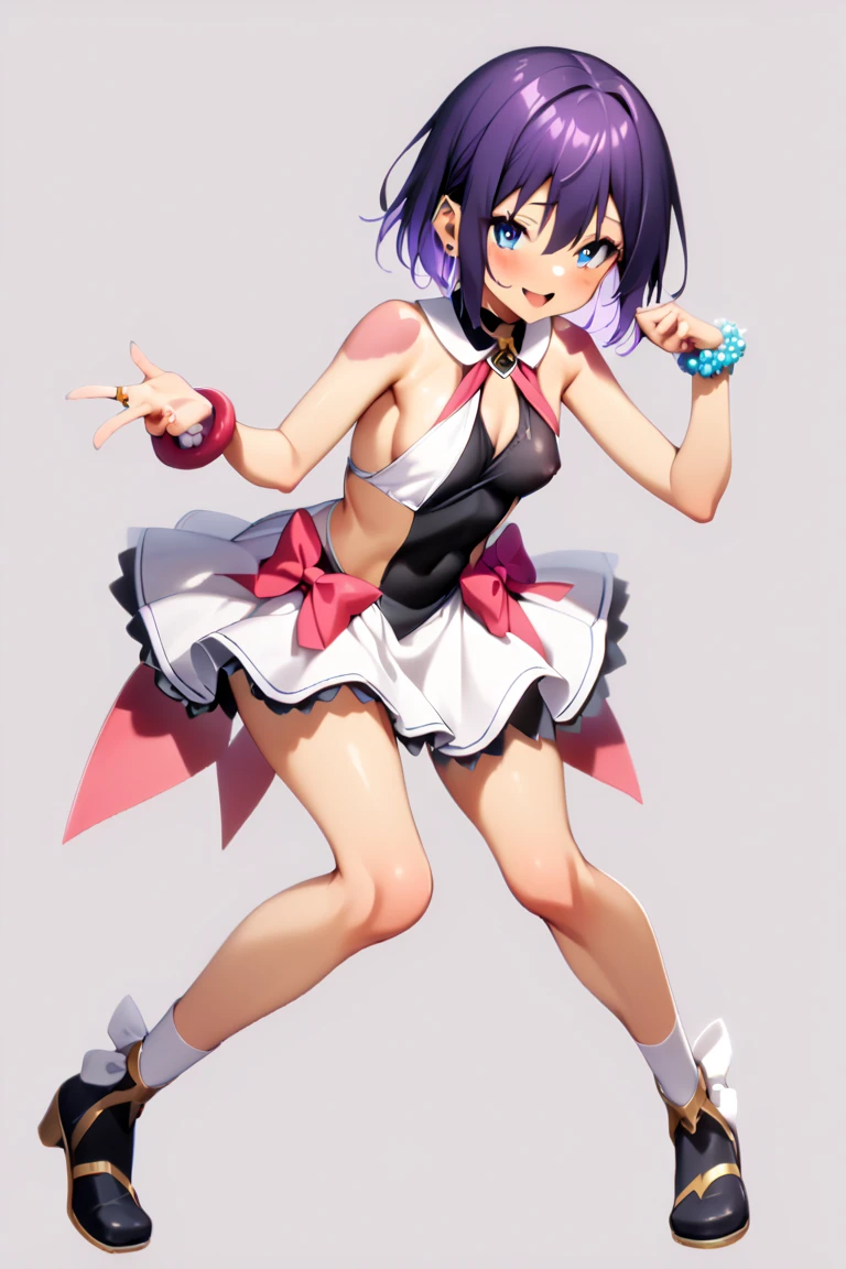 bbmadoka,(mole under eye:0.8),short hair,bangs,hairclip,x hair ornament,earrings,bare shoulders,white jacket,short sleeves,hood,blue leotard,blue shirt,covered navel,sleeveless,miniskirt,skirt,blue skirt,(white thighhighs:1.4),high heel boots,blue footwear