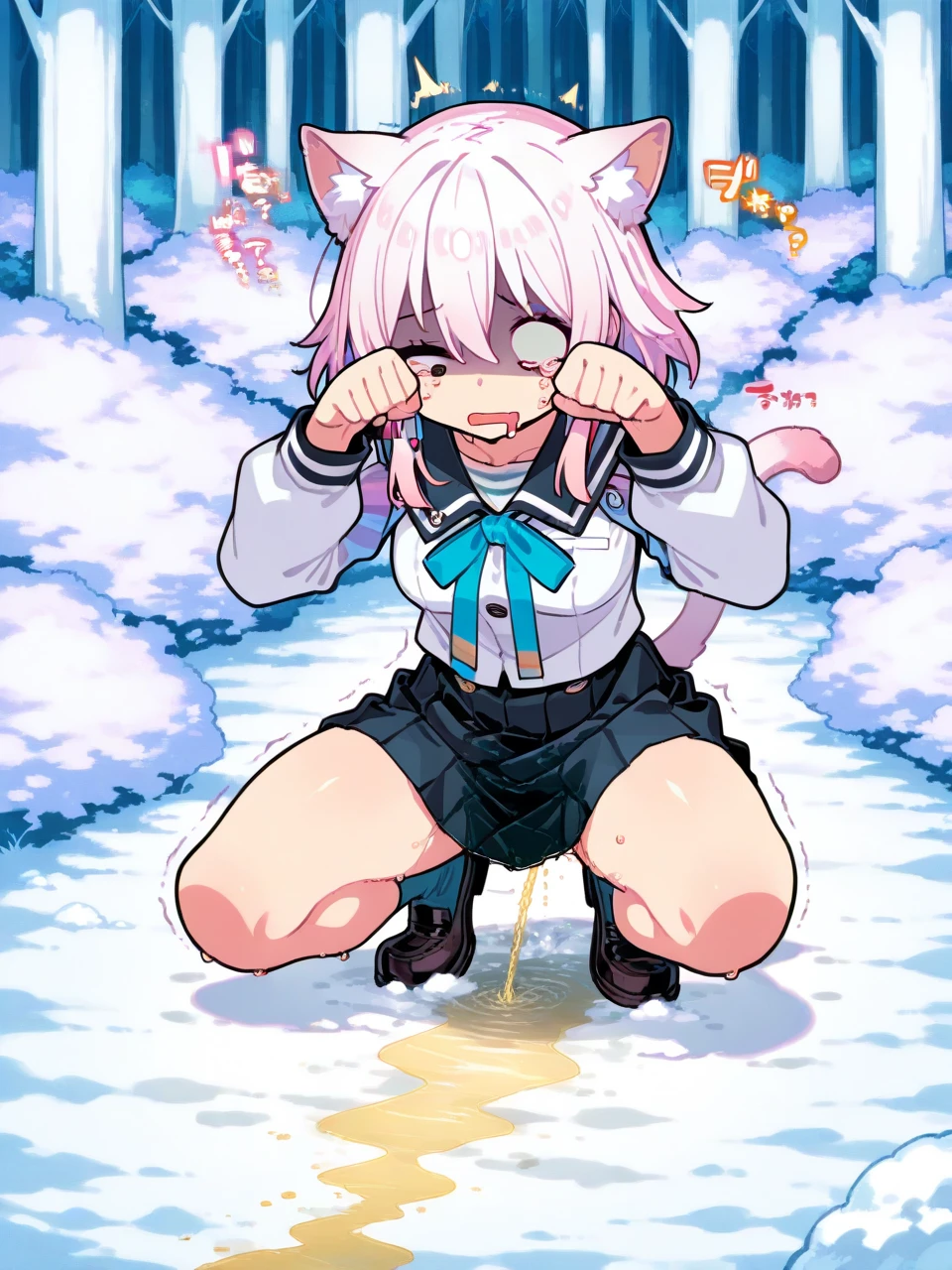 Score_9, Score_8_up, Score_7_up, Score_6_up, Score_5_up, Score_4_up, anime acreencap, ranka, 1girl, animal ears, wolf girl, wolf ears, wolf tail, tail, pink hair, skirt, long hair, animal ear fluff, serafuku, pleated skirt, neckerchief, anime style, horny, excited, full blush, pussy juice, heavy breathing, on toilet, used toilet, orgasm, cum, after sex, cum drip