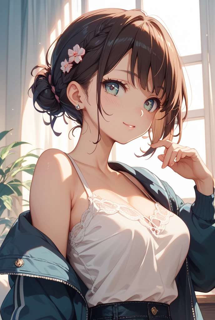 In 8K, highest quality, The real picture, Intricate details, Ultra-detailed, 超A high resolution, Depth Field,(Photorealistic,Realistic:1.2),masterpiece, 0.25 :: Close-up , Front shot , From the center , One Girl, AI_Chan, Very beautiful 17 year old girl, 無邪気な大きなeye, (Brown_short_hair), (green_eye:1.0),(Bans),dishevled hair,(hair clips), Perfect glowing skin, Perfect Skin, fair white skin, Big Breasts, Cleavage, Narrow waist, Light blush, solo, Looking at the audience, Light Smile,　Five perfect fingers, I&#39;m chubby under my clothes、sweating、 wear((School_uniform)、(white_skirt)、(green_length_tie)、(green_Pleats_skirt)、(black_pantyhose:1.2)、 (Sculptural installation:1.1)、 Sunset High School in Japan ,手でskirtをめくる、Show white panties、Pull up your skirt and show your panties、huge 、functional、Show white panties、skirtをめくる、skirt flipping、Roll up the scar with your hand、Show your underwear、Show off your pants with your own hands、Panty shot、barefoot、Spread your legs、Leg spread、barefoot、大きなLeg spread、Panties digging into the crotch、Lift one leg slightly