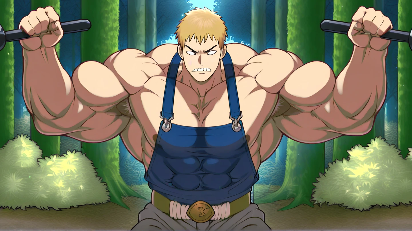 (((best quality, high resolution, masterpiece, best quality))),anime screencap, 1boy, muscular male, sweaty, masterpiece, depth of field, baseballplayer, looking at viewer, laxus_dreyar, yellow hair, chest tattoo, yellow lightning, spark, grin, dynamic pose, ((( pregnant belly))),