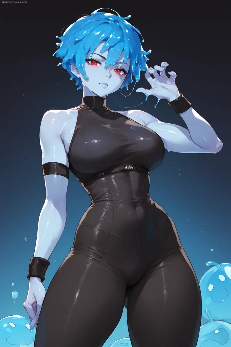 1 girl, One, Upper body,
blue hair, short hair,
Red eyes, long eyelashes, Thick eyelashes, Looking at the viewer, smiles flirtatiously, big lips, lush breasts, big tits nuclear dress, black sexy polo shirt with cut out chest, black border, simple background, flirts, with a scroll in hand