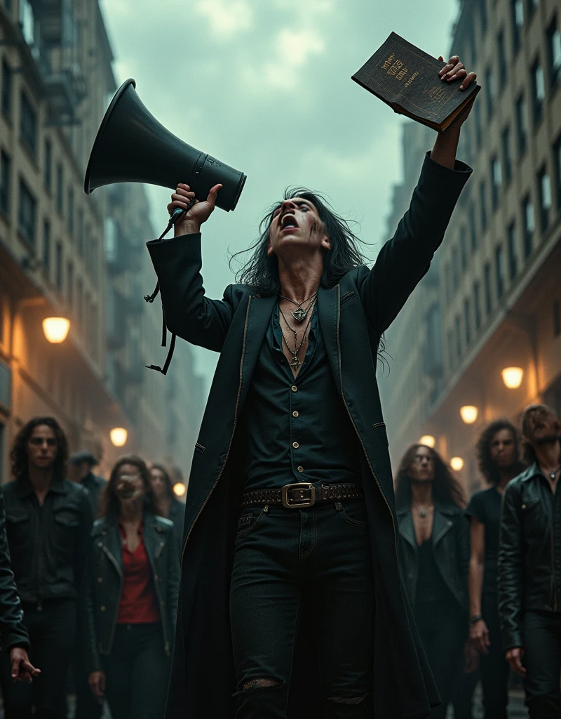 Create a full HD 8k image of a gothic rocker screaming with a ...