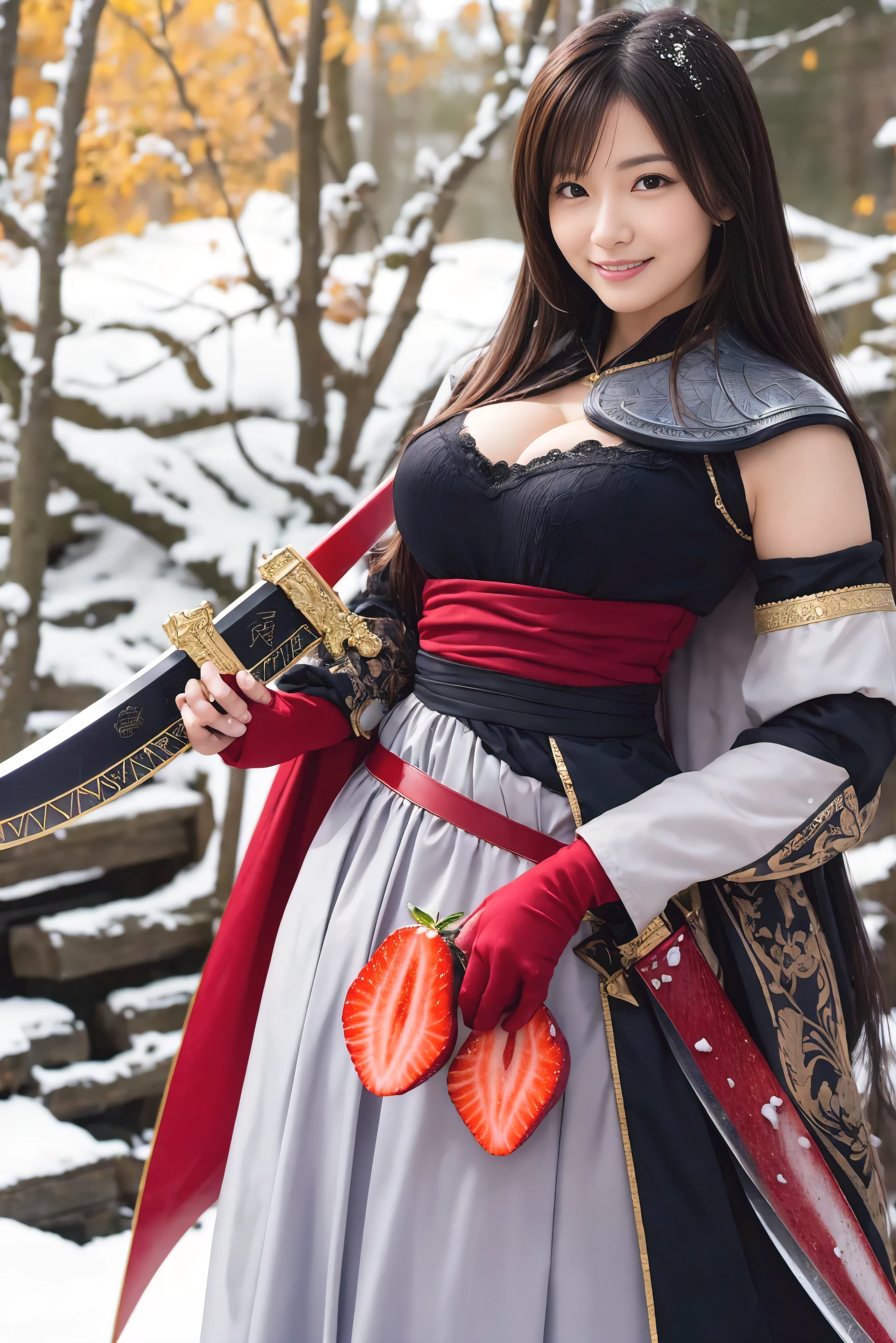 ((highest quality)), (be familiar with), perfect face, Japanese, 30age, smile, Full body Esbian:1.5, big breasts:1.5, Woman warrior:1.5, maid clothes armor:1.5, adventurer, huge sword, huge sword, huge sword, huge gun, huge fruit knife, huge fruit knife, huge fruit knife, strawberry, Sony FE GM, snow, (naked), long pony-tale
