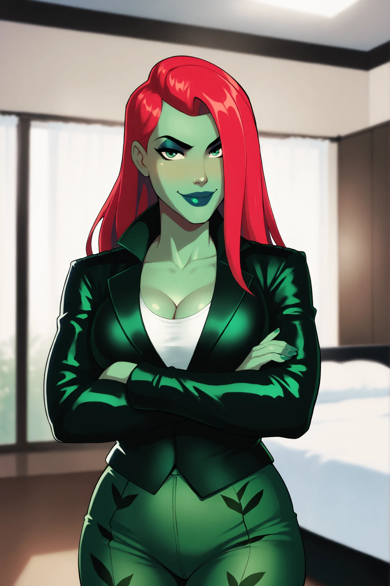 PoisonIvyCartoon, BREAK, score_8_up, score_7_up, score_6_up, score_9, 1girl, lipstick, makeup, large breasts, cleavage, green eyes, green skin, colored skin, long red hair, black lips, curvy, athletic, seductive expression, bedroom eyes, smile, closed mouth, green leather jacket, green tank top, green leather pants, long sleeves, indoors, bedroom, looking at viewer, standing, closeup, portrait, arms crossed, crossed arms