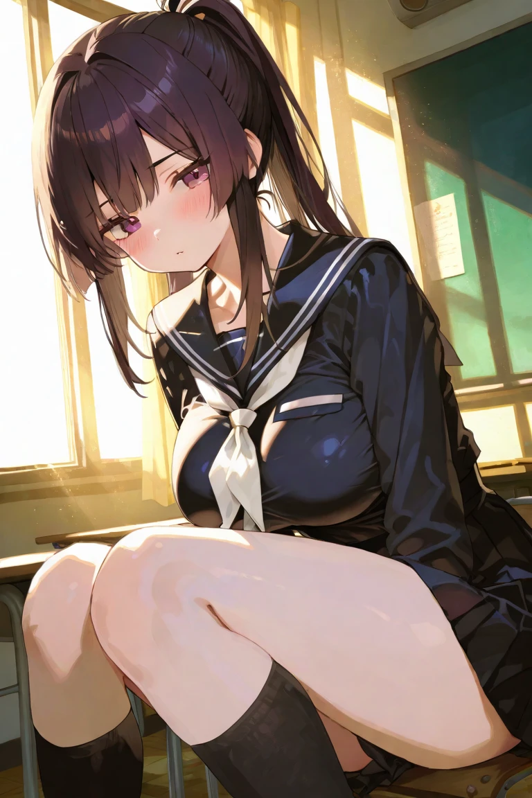 (highest quality), Super detailed), (Ultra High Resolution 8K), High-definition facial beauty, ((Skirt Lift)), A plain girl with glasses, (Big Breasts), (Looking up;1.3), Detailed sailor suit, Showing panties, pantyhose, (Blushing, Embarrassing), Very hot day, Shade, ((Sit down)), Panties that are damp, Makoto Shinkai Cyril Rolando